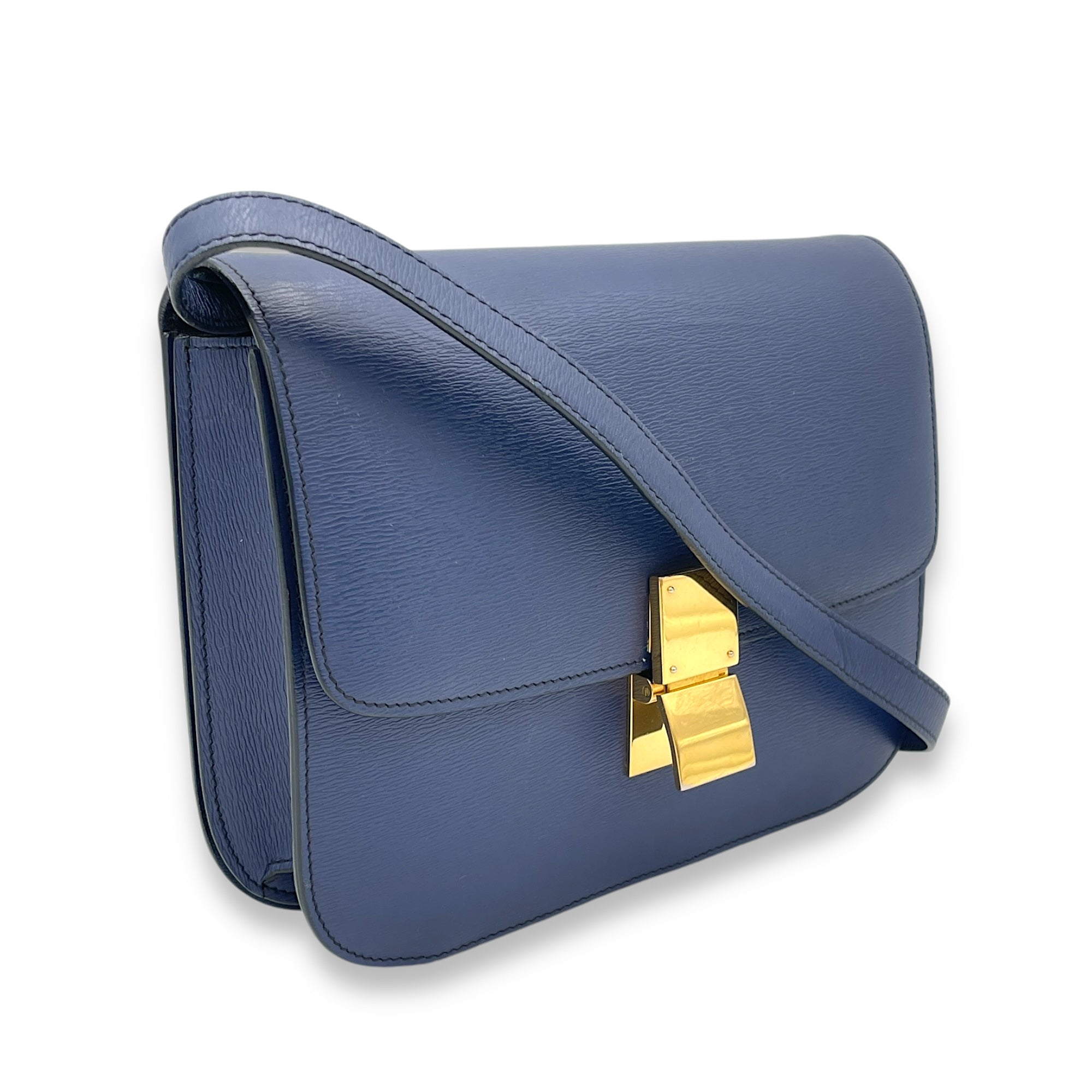 Box Medium Blue Crossbody Bag in Calfskin, Gold hardware - Image 4