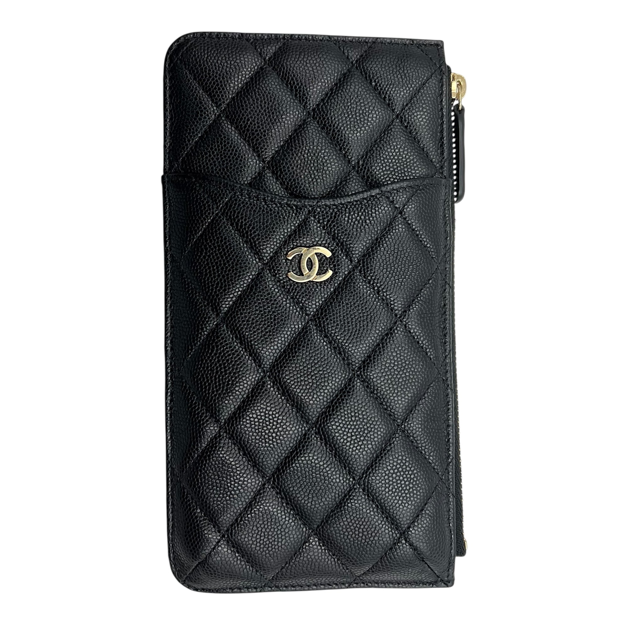 CC Black Phone Holder with Card Holder in Caviar Leather, Gold hardware - Image 3