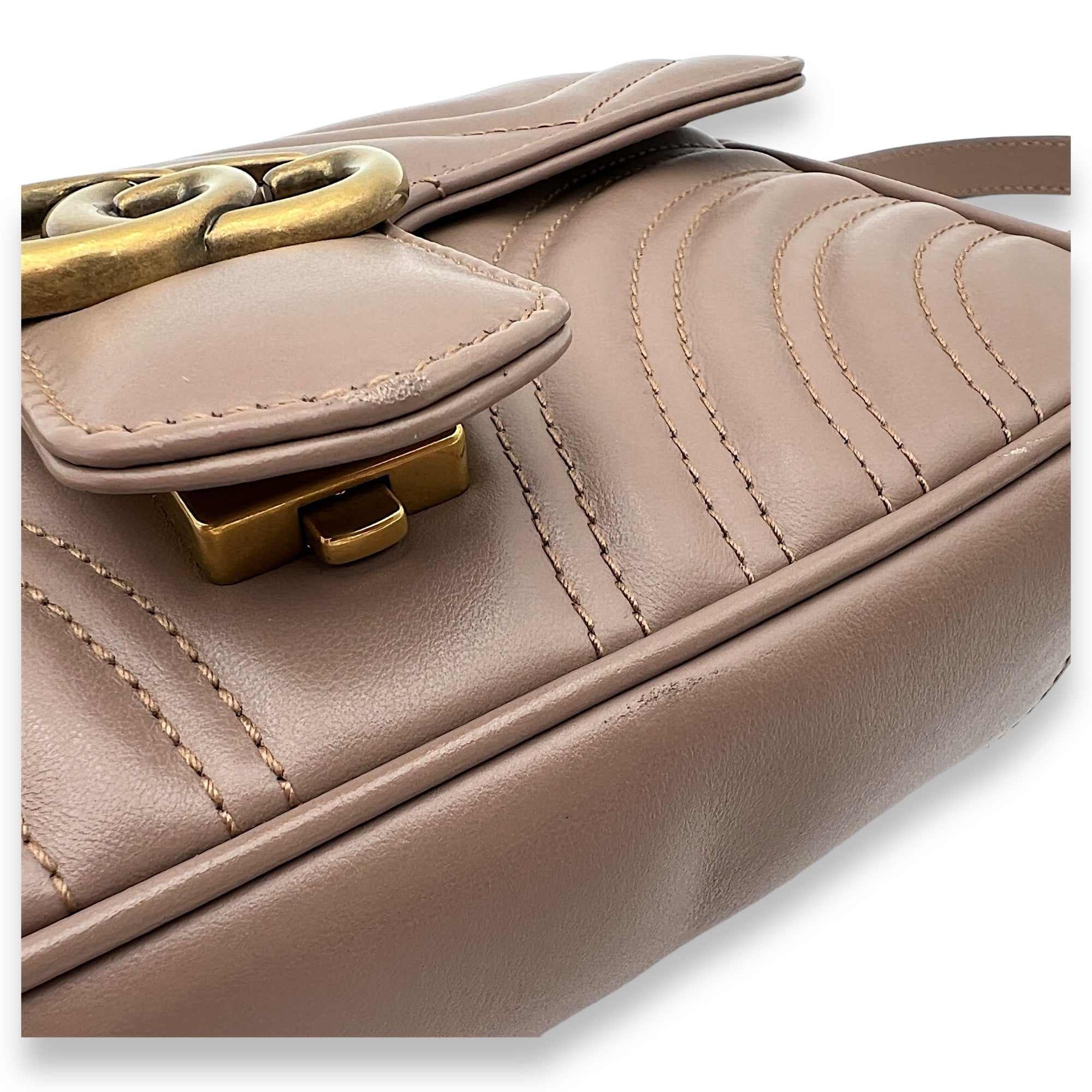 GG Marmont Mini Beige Crossbody Bag in Calfskin, Gold hardware - Image 9