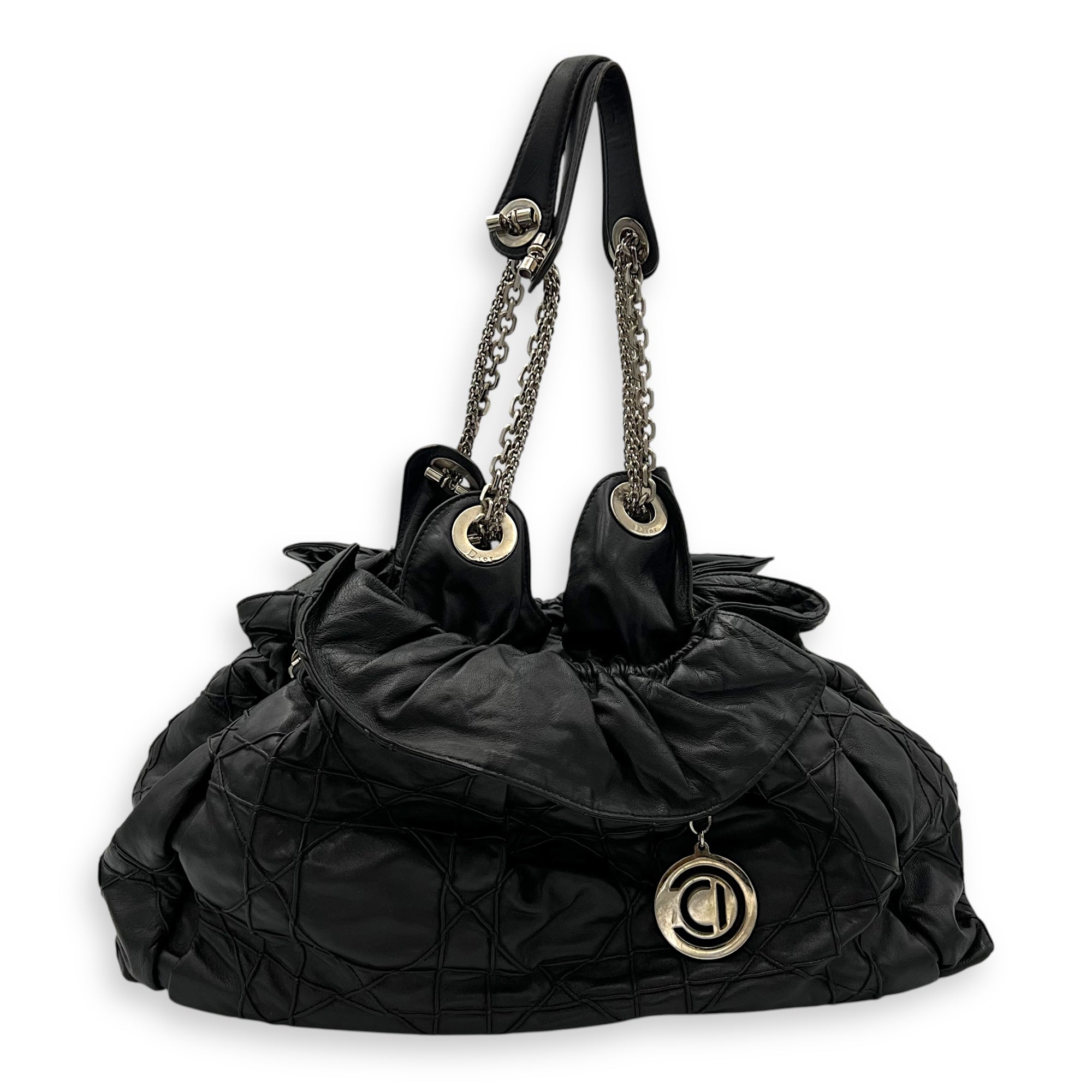 Cannage Shoulder Bag Black in Lambskin, Silver hardware
