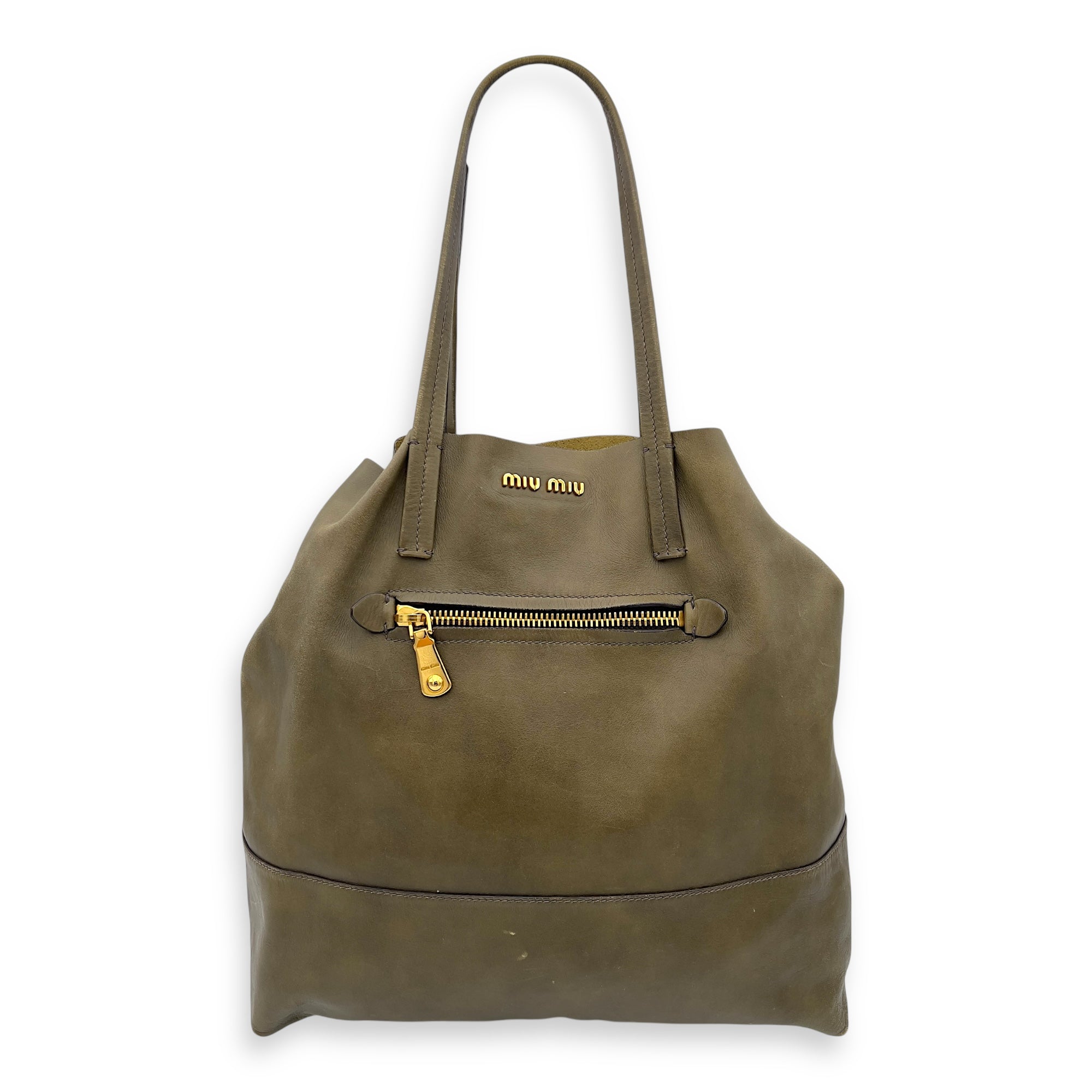 Logo Tote Bag Grey in Calfskin, Gold hardware