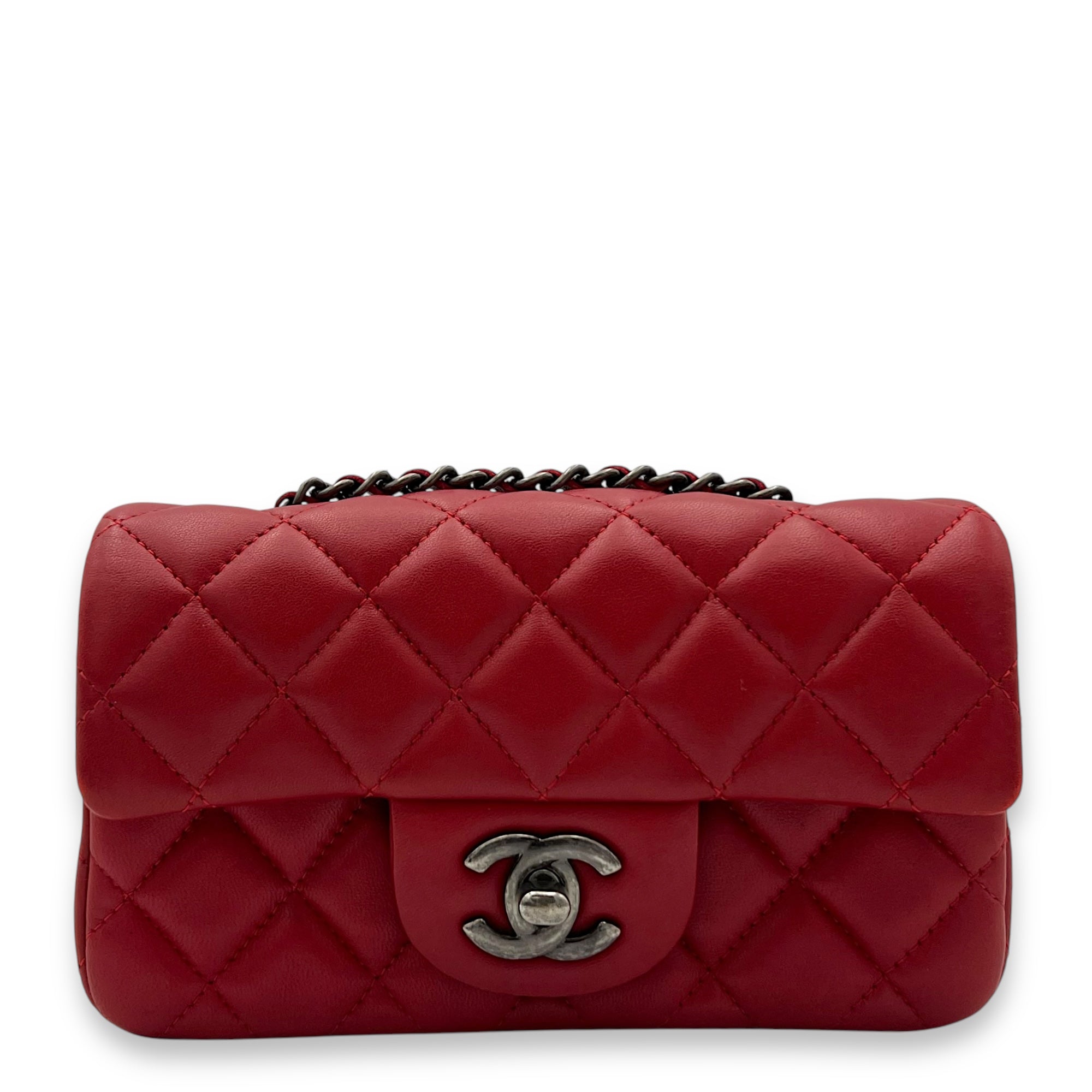 Classic Mini Rectangle Red Crossbody Bag in Lambskin, Ruthenium hardware