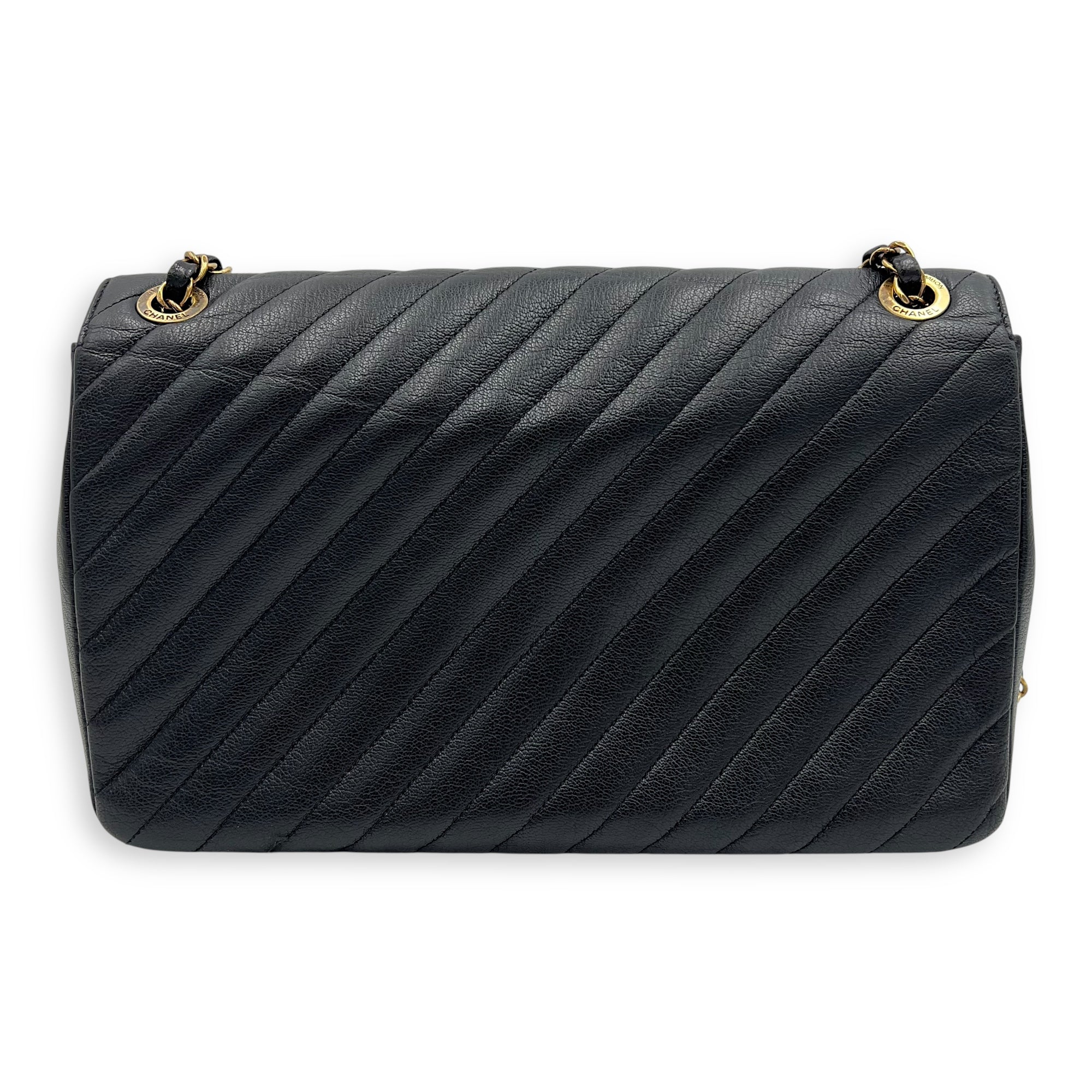 Diagonal Quilted Shoulder Bag Black in Goat Leather, Gold hardware - Image 3