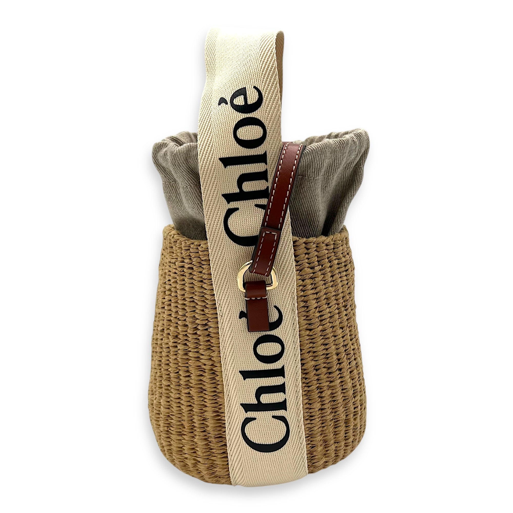 Woody Beige Bucket Bag in Raffia, Gold hardware - Image 4