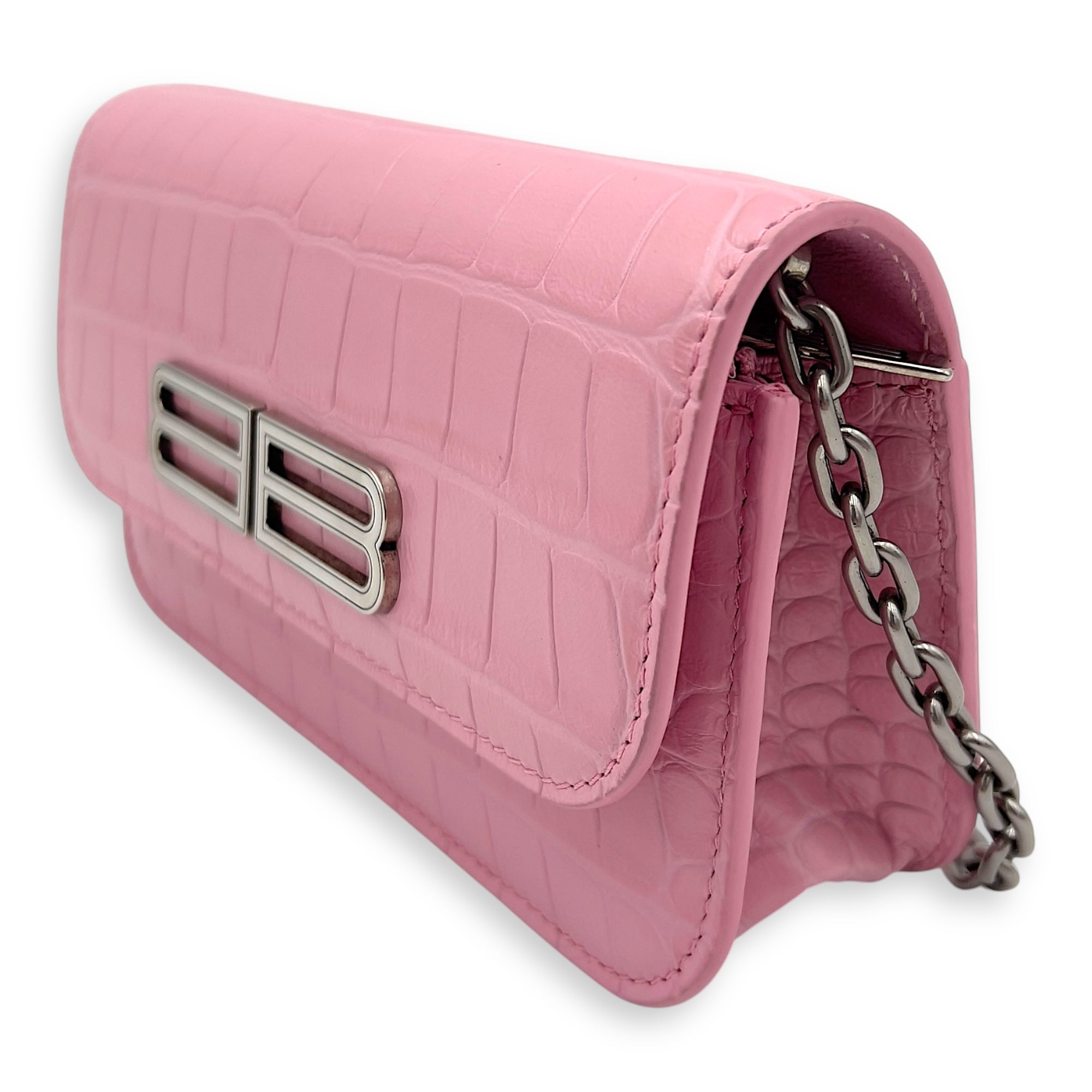 Gossip Pink Wallet On Chain in Crocodile Embossed Calfskin, Silver hardware - Image 4