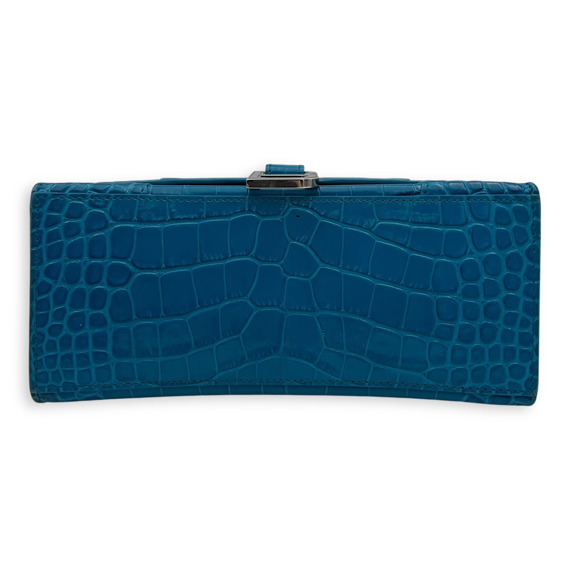 Hourglass Top Handle Bag Blue in Crocodile Embossed Calfskin, Silver hardware - Image 6