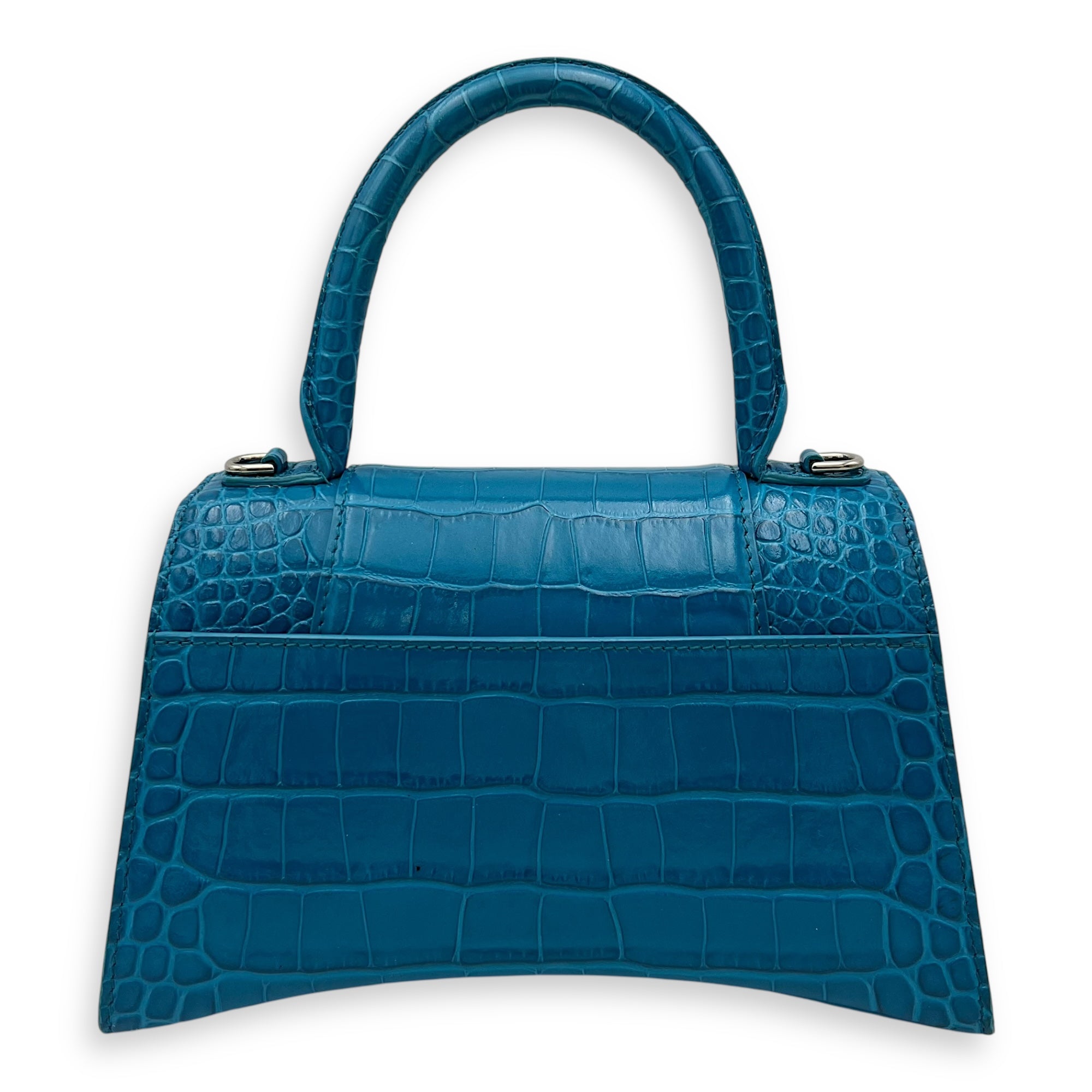 Hourglass Top Handle Bag Blue in Crocodile Embossed Calfskin, Silver hardware - Image 3