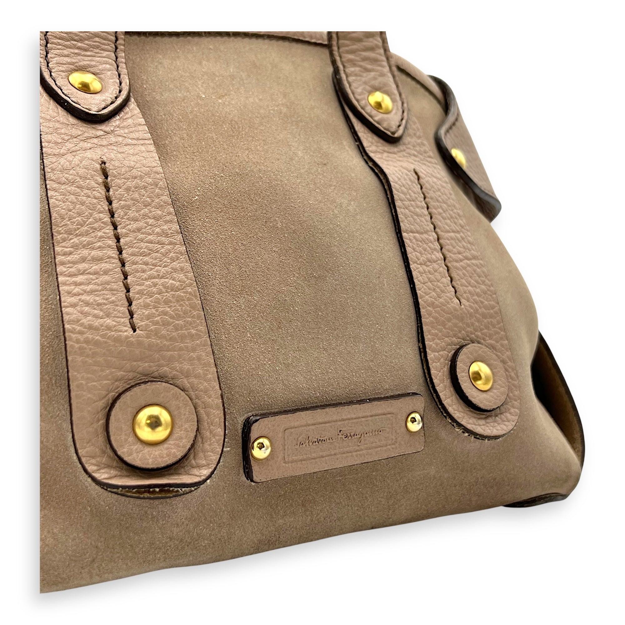 Gancini Beige Shoulder Bag in Suede Leather, Gold hardware - Image 10