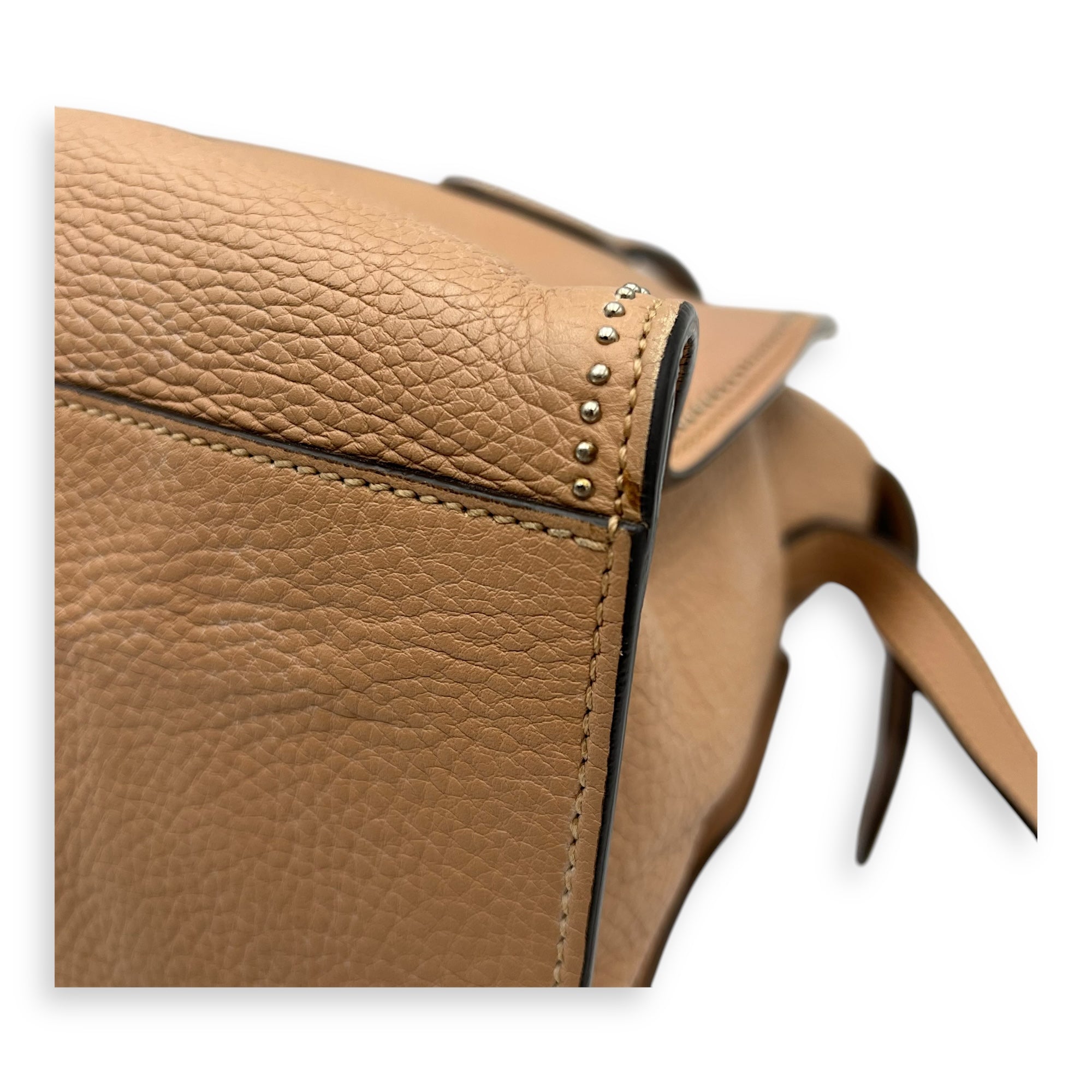 Studded 2 Way Brown Top Handle Bag in Calfskin, Gold hardware - Image 9