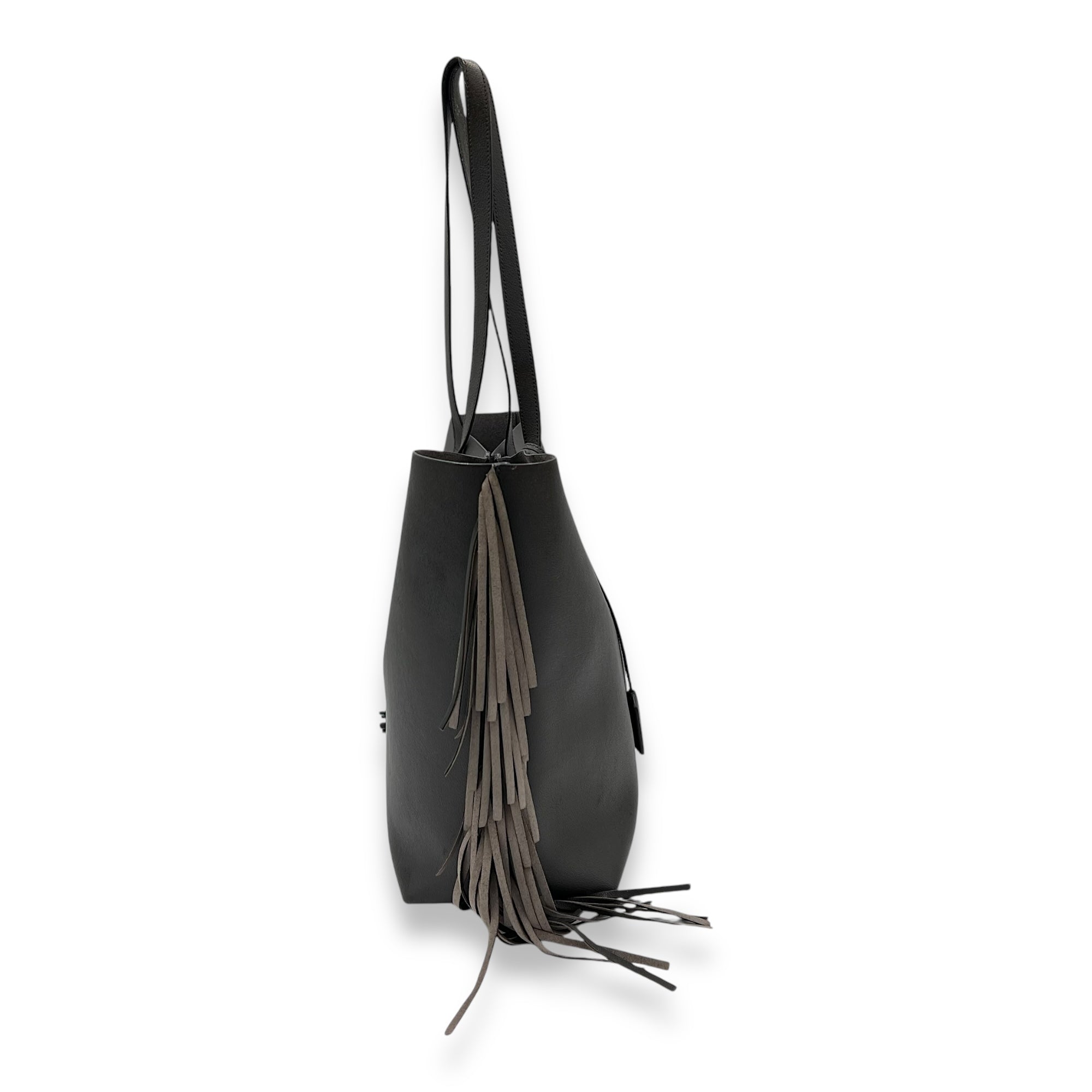 East West Shopping Fringe Tote Bag Grey in Calfskin, Silver hardware - Image 4