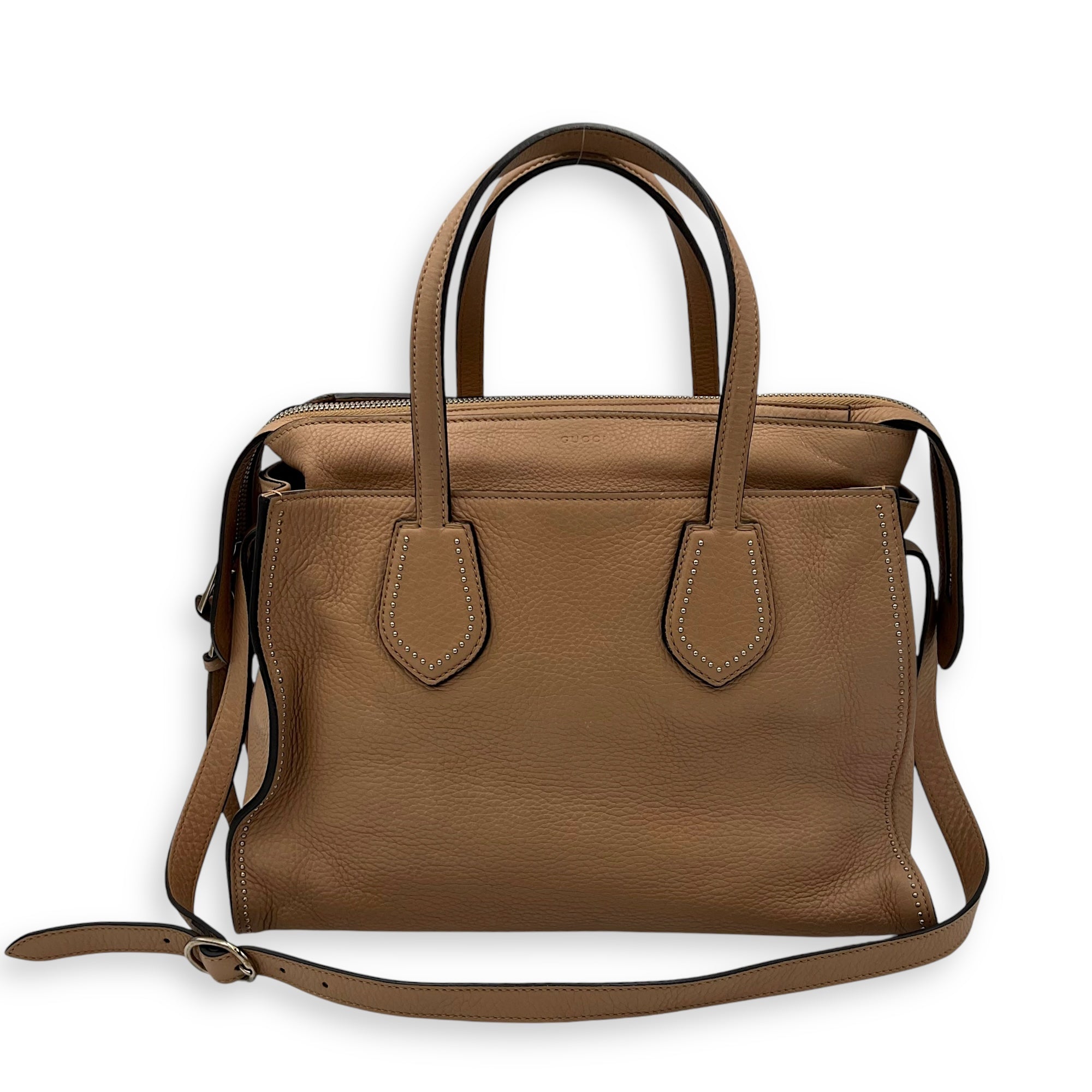 Studded 2 Way Brown Top Handle Bag in Calfskin, Gold hardware - Image 13