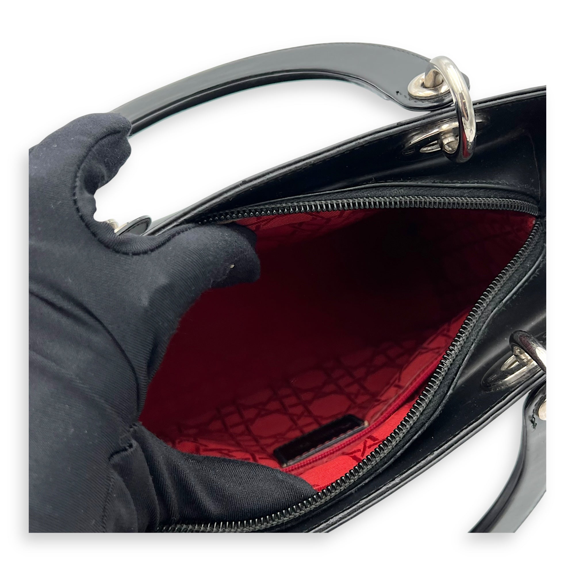 Lady Dior Medium Black Top Handle Bag in Calfskin, Silver hardware - Image 12