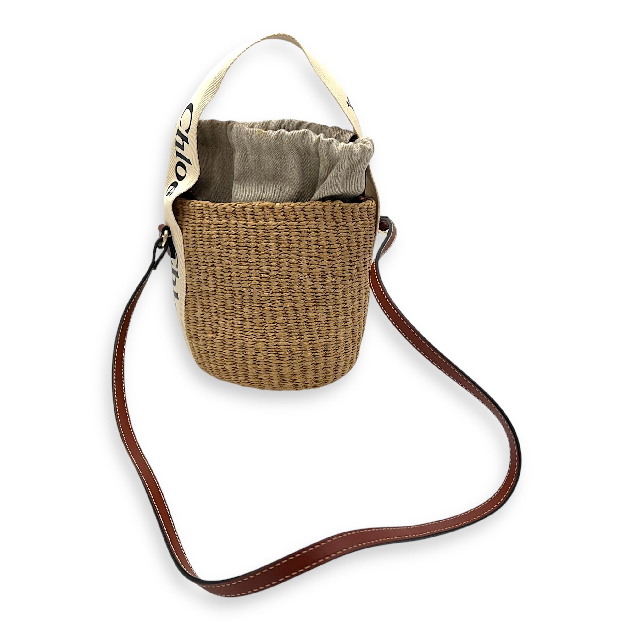 Woody Beige Bucket Bag in Raffia, Gold hardware - Image 13