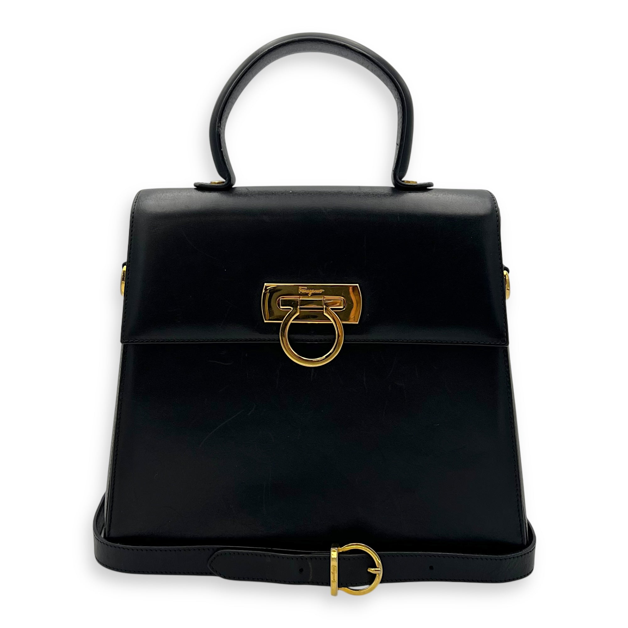 Gancini Black Top Handle Bag in Calfskin, Gold hardware - Image 13