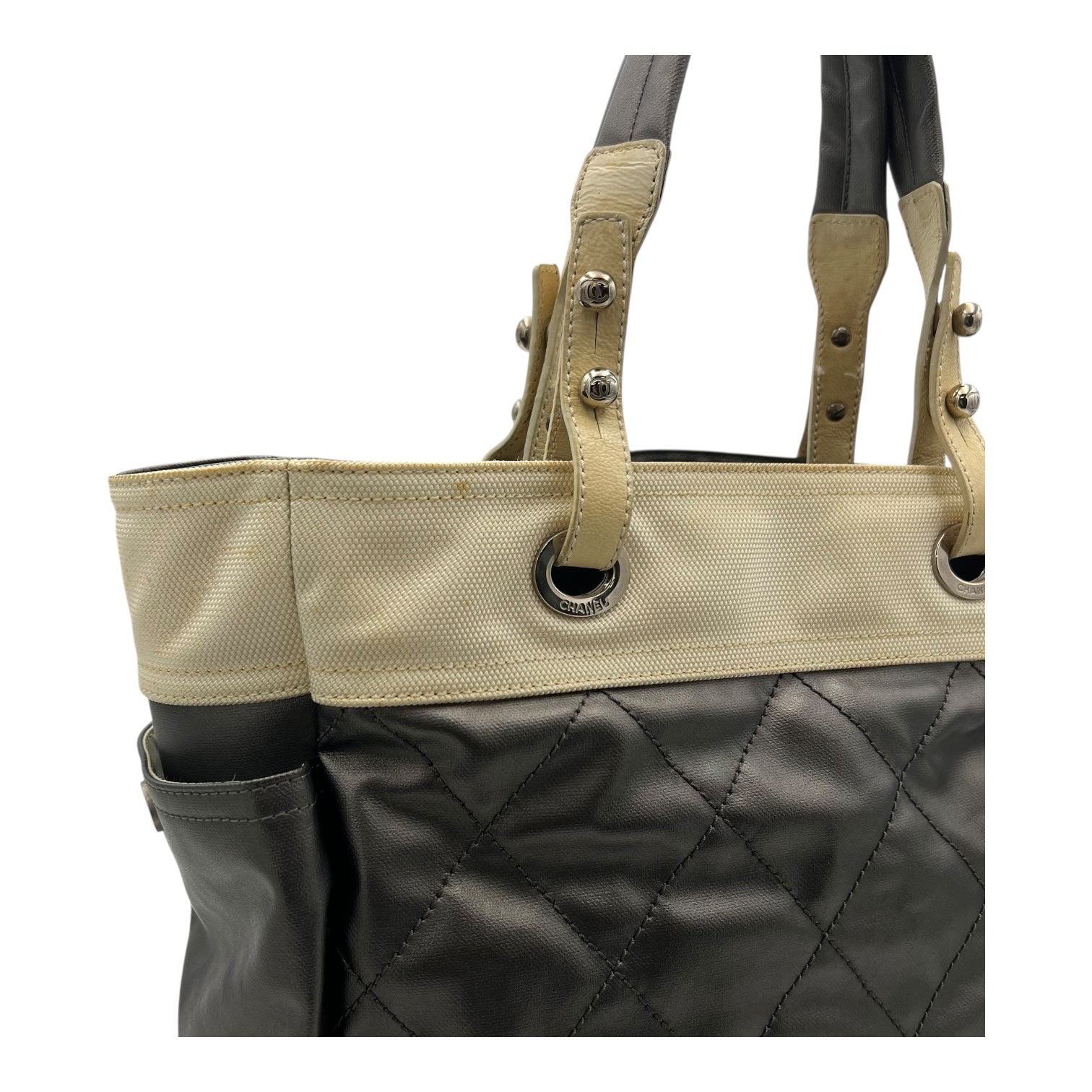 Paris Biarritz Large Grey Tote Bag in Coated Canvas, Silver hardware - Image 11