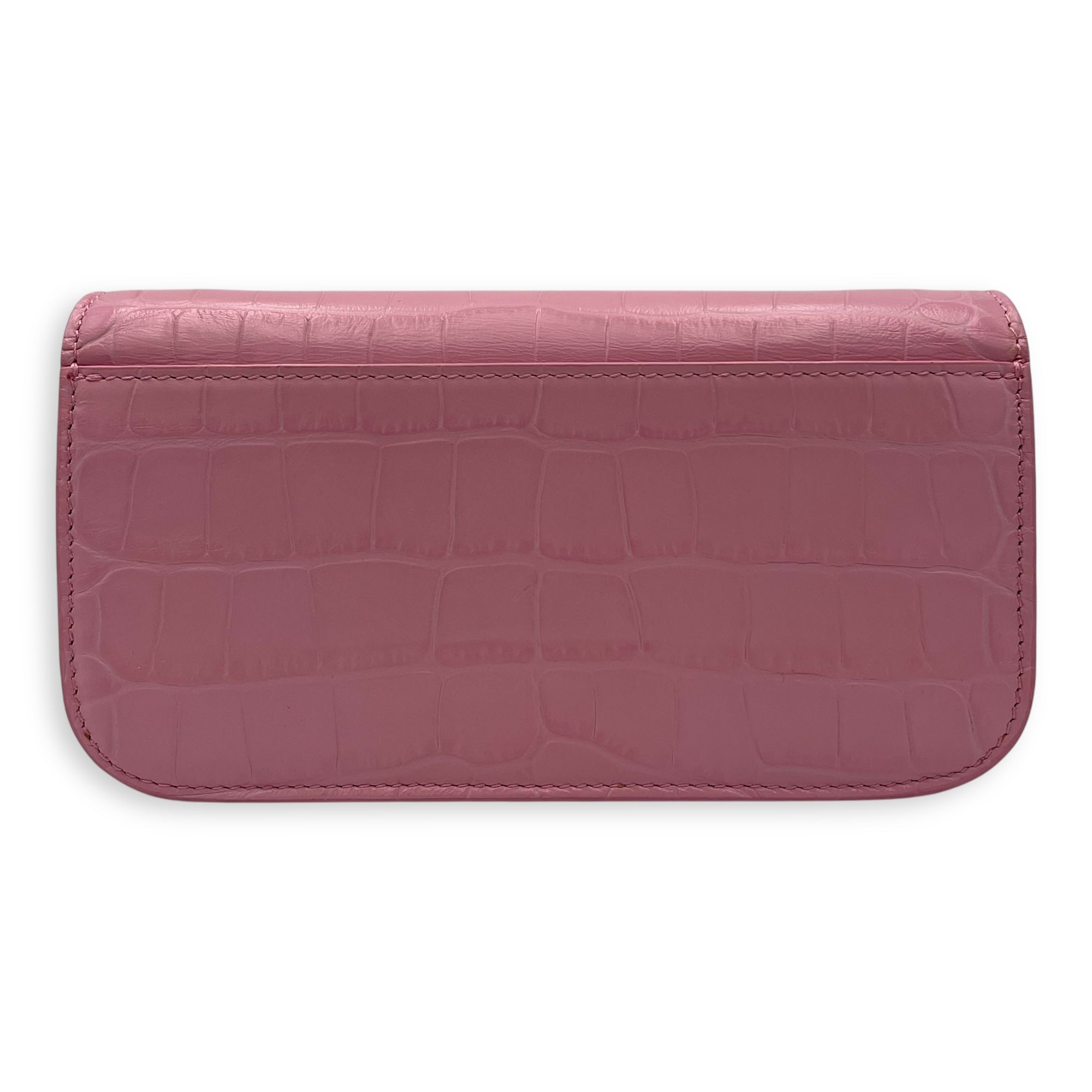 Gossip Wallet On Chain Pink in Crocodile Embossed Calfskin, Silver hardware - Image 3
