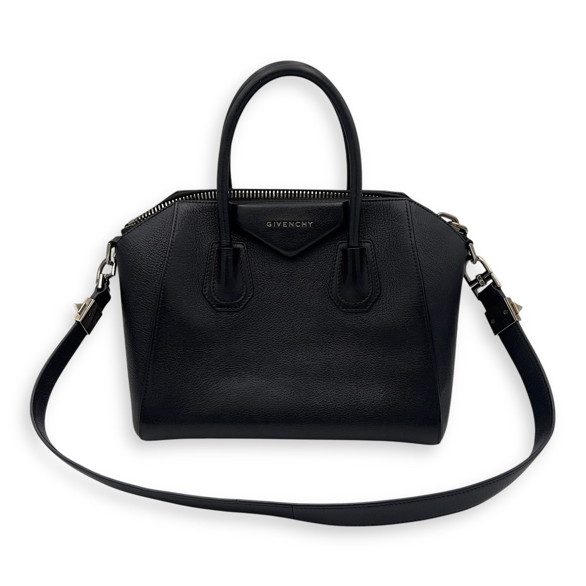 Antigona Black Top Handle Bag in Goat Leather, Silver hardware - Image 12