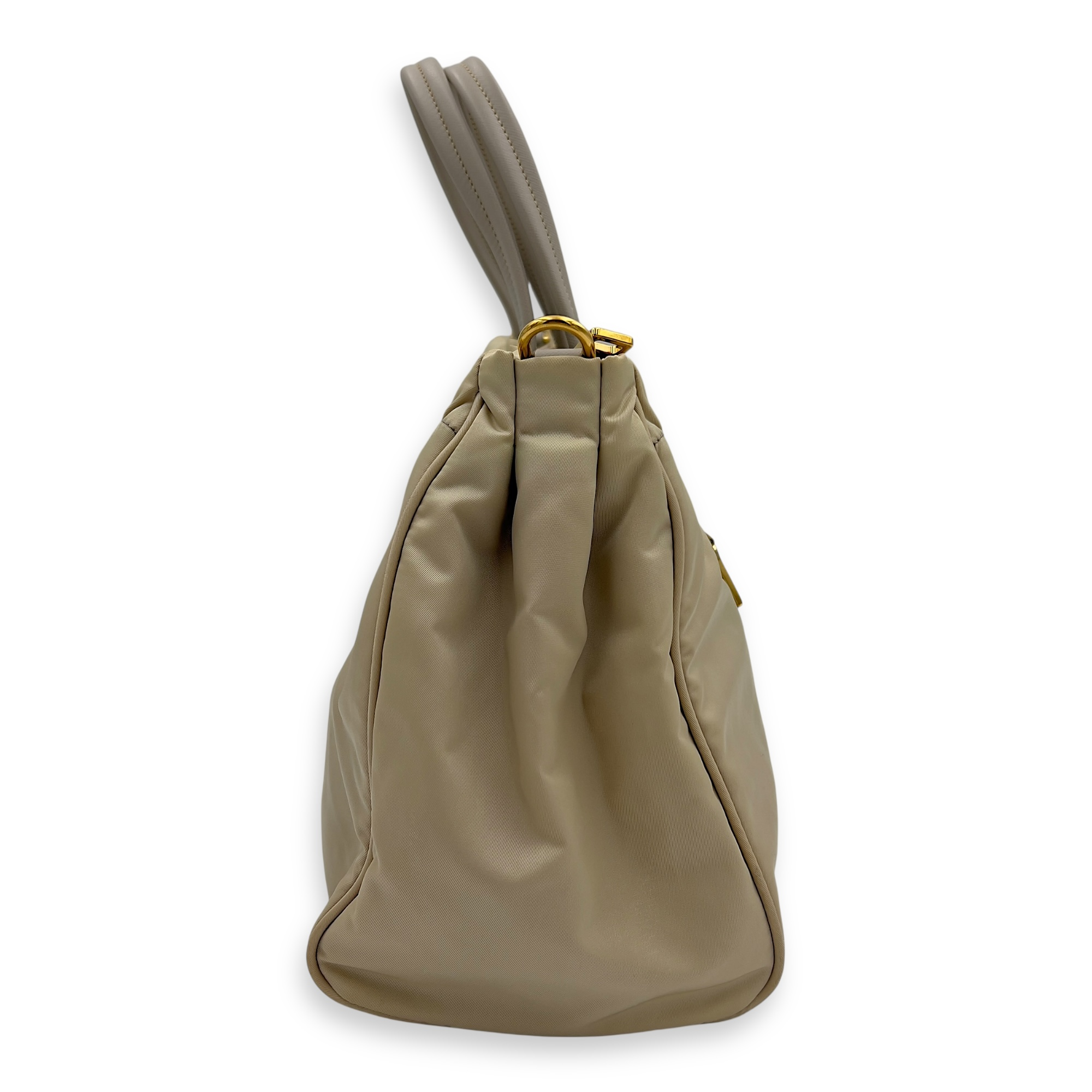 Logo Top Handle Bag Beige in Nylon, Gold hardware - Image 4