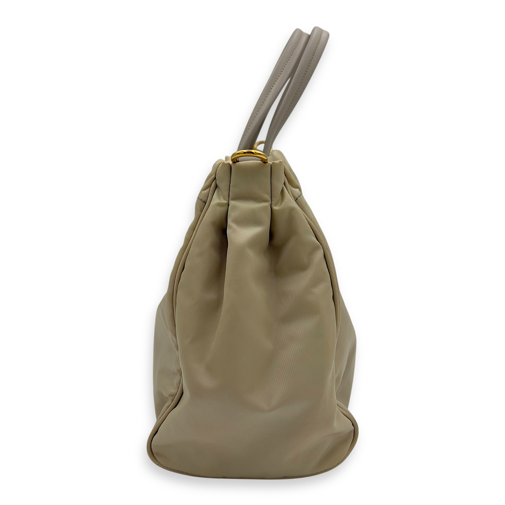 Logo Top Handle Bag Beige in Nylon, Gold hardware - Image 5