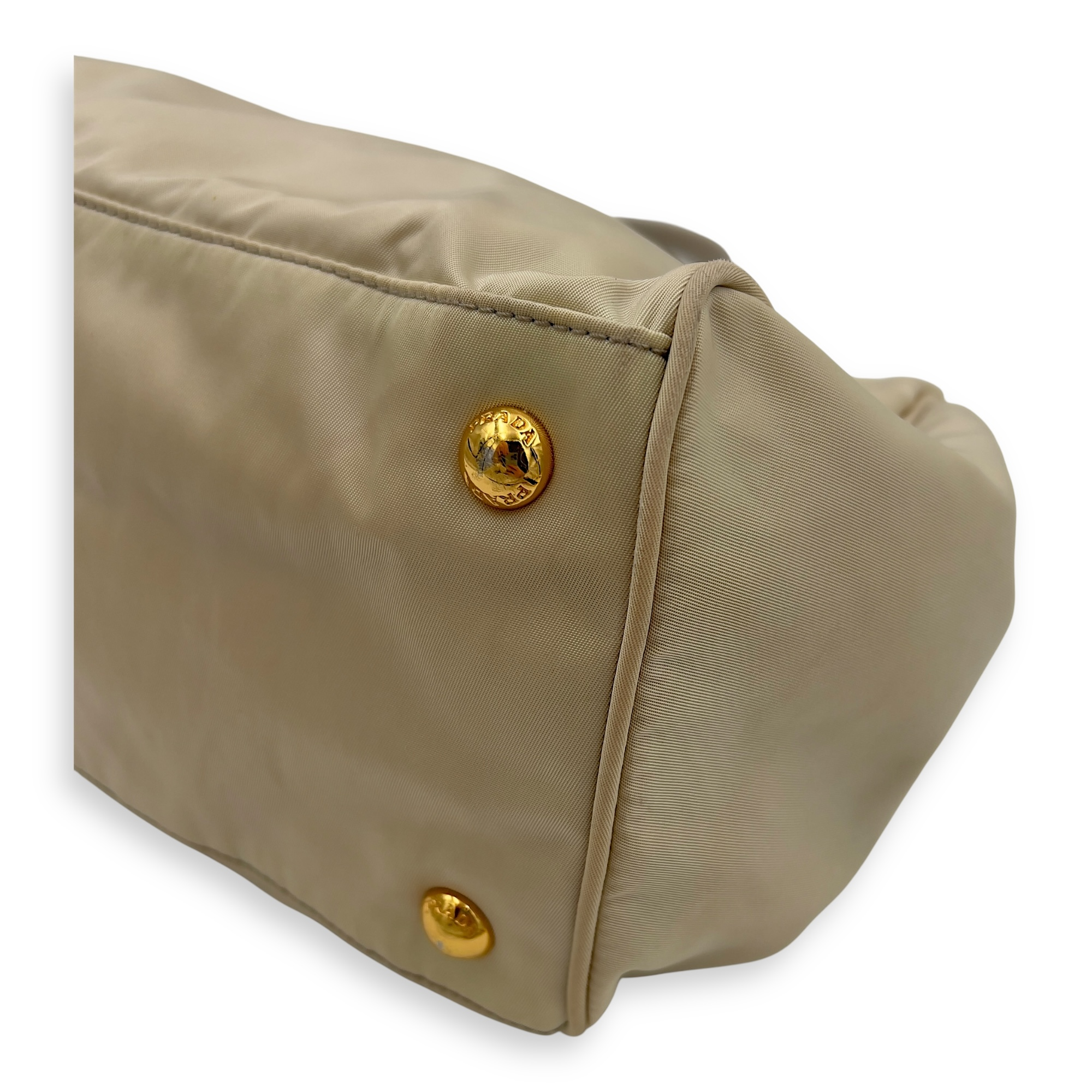 Logo Top Handle Bag Beige in Nylon, Gold hardware - Image 9