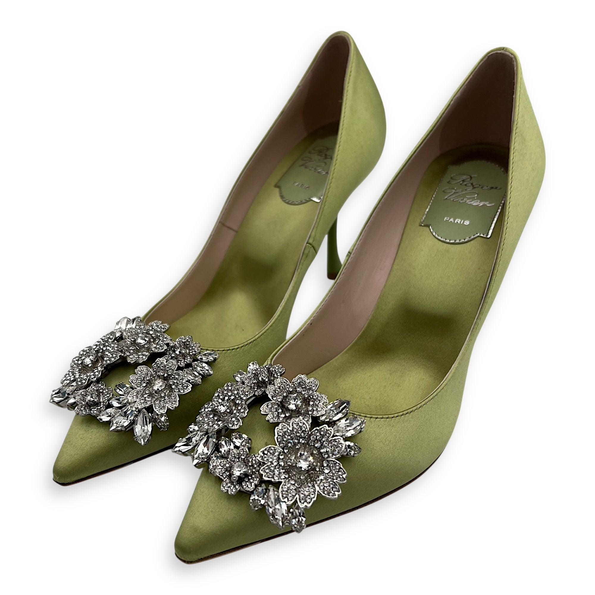 Bouquet Strass 85 38 Green Heels in Satin, Silver hardware - Image 3