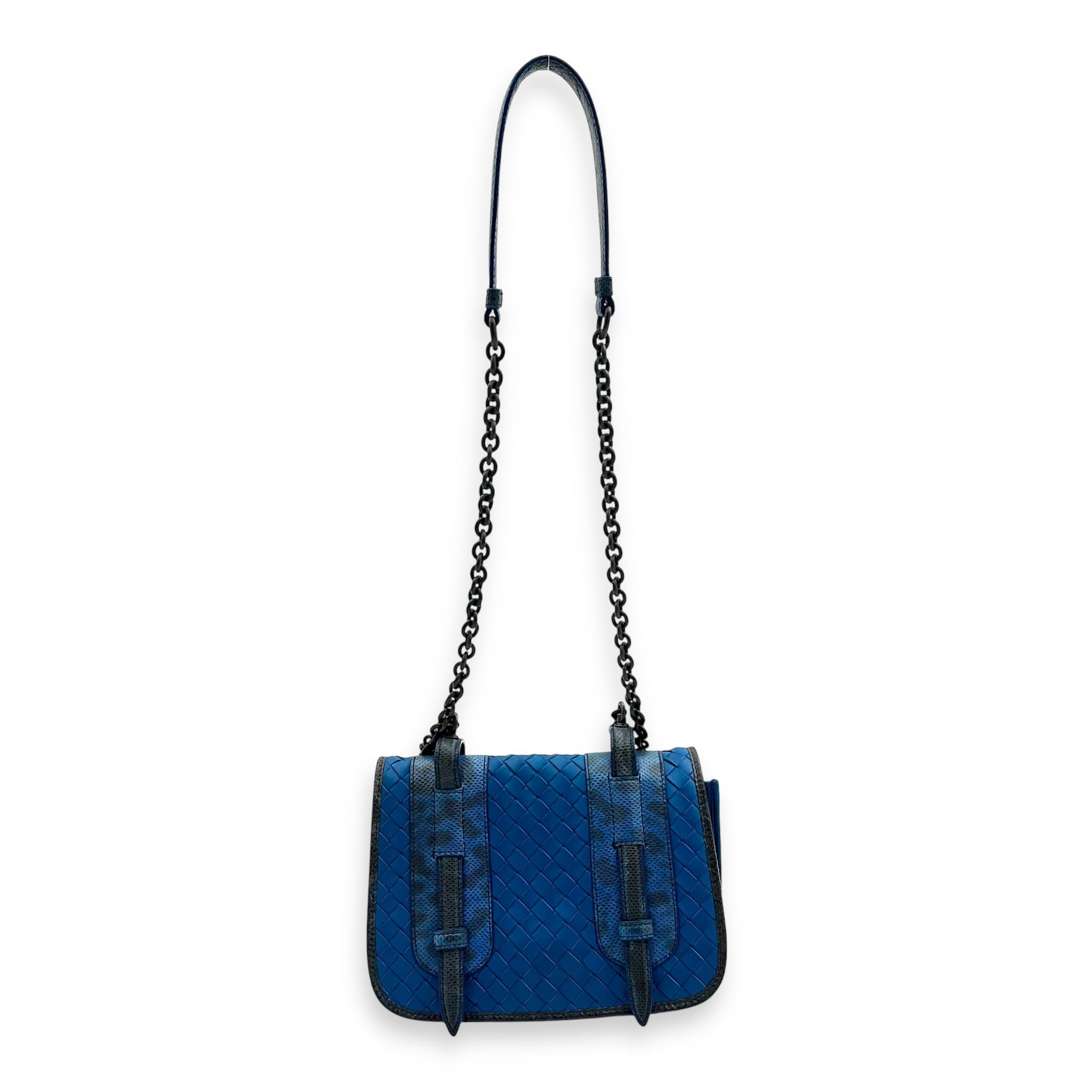 Intrecciato Blue Shoulder Bag in Lambskin and Lizard, Ruthenium hardware - Image 15